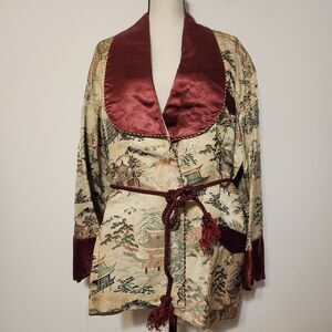 50s MCM silk Satin Brocade Mens Robe Asian Blazer Lounge Smoking Jacket